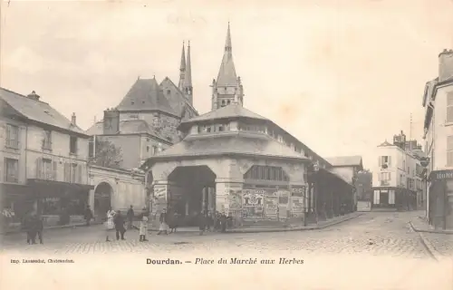 Frankreich Dourdan Place du Marche aux Herbs Werbeplakate Vintage Postkarte