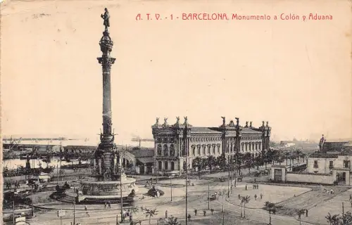 A795 Spanien Barcelona 1925 Monumento a Colon y Aduana Monument Vintage Postkarte