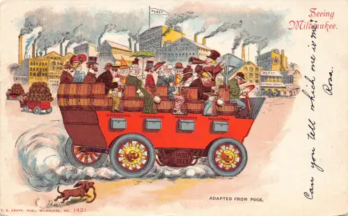 B184 US 1906 Seeing Milwaukee Tourist Car Dog Industry Litho Vintage Postkarte