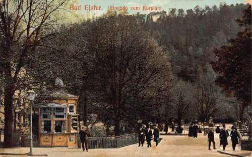 B196 Deutschland Bad Elster 1911 Eingang zum Kurplatz Vintage Postkarte