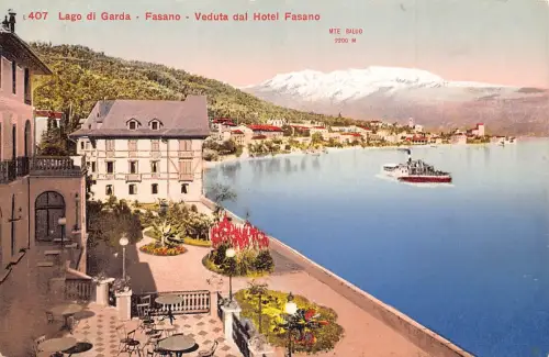 A796 Italien Lago di Garda Fasano Veduta dal Hotel Fasano Dampfschiff Postkarte