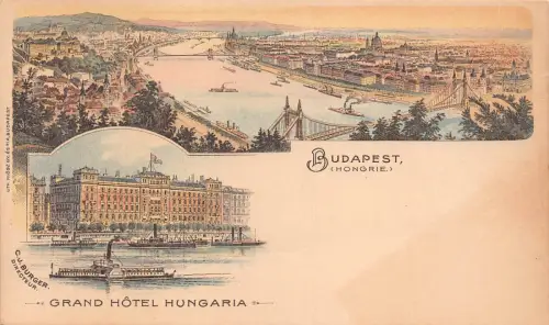 A797 Ungarn Budapest Grand Hotel Hungaria Dampfschiff Donau Blick Litho Postkarte