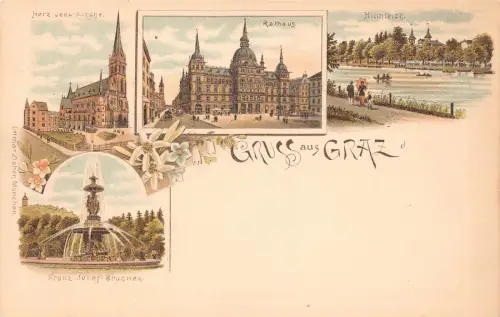 A798 Österreich Gruss aus Graz Edelweiß Rathaus Brunnen Litho Postkarte