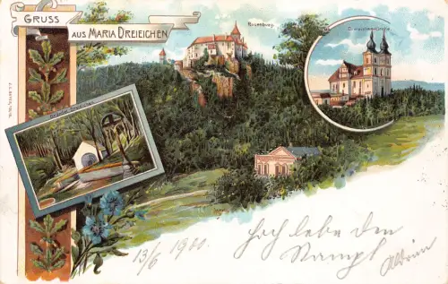 A797 Österreich 1900 Gruss aus Maria Dreieichen Kirche Blumen Litho Postkarte