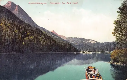 L098 Österreich 1928 Salzkammergut Nussensee bei Bad Ischl Boot Vintage Postkarte