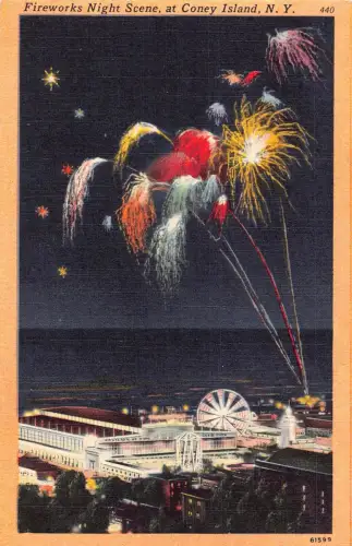 A922 US New York Coney Island Feuerwerk Nachtszene Vintage Postkarte