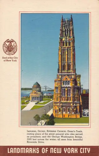 A922 US Wahrzeichen von New York City Gothic Riverside Church Vintage Postkarte