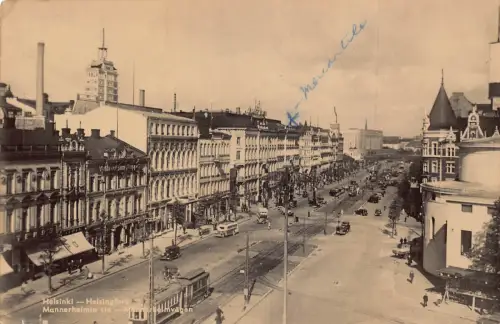 A986 Finnland Helsinki Mannerheimin Krawatte Straßenbahn Autos Geschäfte RPPC Vintage Postkarte