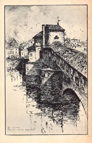 A803 Italien Pavia Ponte Coperto Brücke Kunst Vintage Postkarte