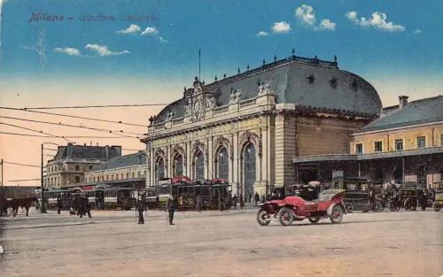 A966 Italien Milano Mailand Stazione Centrale Bahnhof Straßenbahnwagen Postkarte