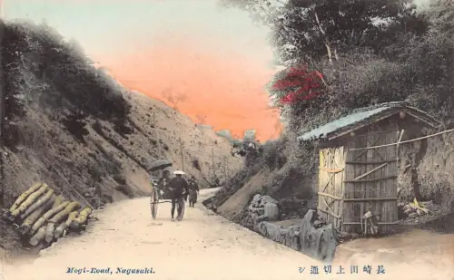 L270 Japan Mogi-Road Nagasaki Rikscha Frau Regenschirm Holzindustrie Postkarte