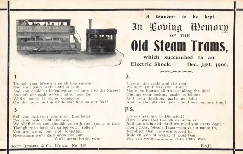 A926 England Souvenir Liebevolle Erinnerung an alte Dampfstraßenbahnen 1906 Postkarte