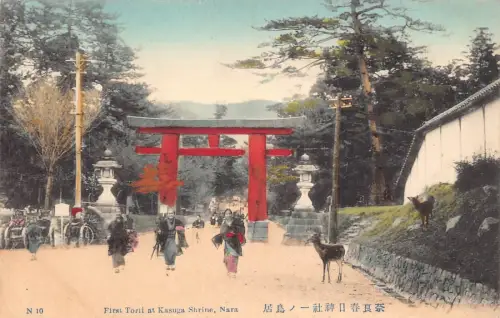 L270 Japan First Torii Gate at Kasuga Shrine Nara Deers Vintage Postkarte
