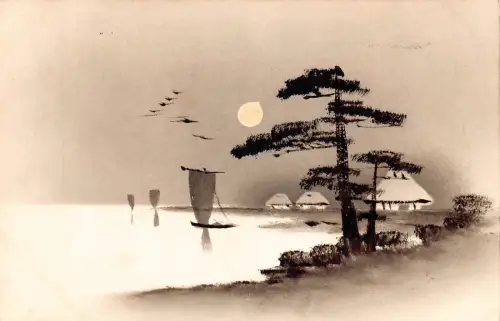 L270 Japan Silhouette handbemalt Boote Häuser Mond Baum Vögel Vintage Postkarte