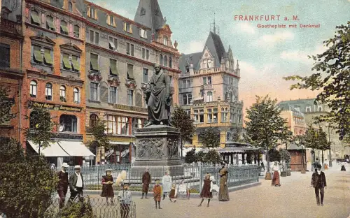 L046 Deutschland 1908 Frankfurt am Main Goetheplatz Statue Vintage Postkarte