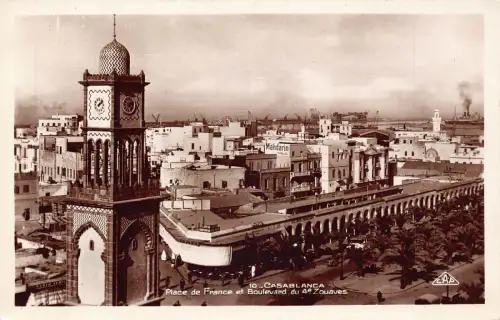 A928 Marokko Casablanca Place de France et Bd du Zouaves Uhr RPPC Postkarte