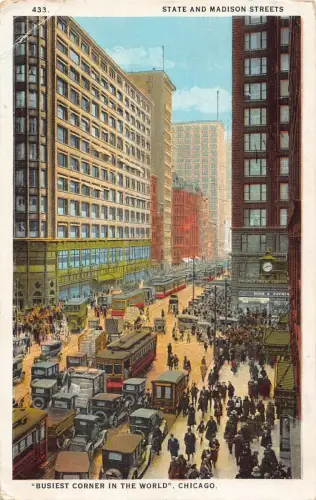 A191 US Illinois Chicago geschäftigste Ecke der Welt Autos Straßenbahnen Uhr Postkarte