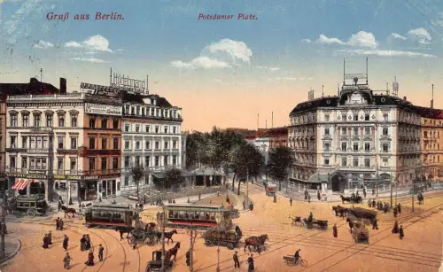 L123 Deutschland 1919 Gruss Aus Berlin Potsdamer Platz Straßenbahn Pferde Vintage Postkarte