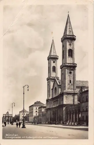 L123 Deutschland 1929 München Ludwig Straße und Kirche Siegestor Vintage Postkarte