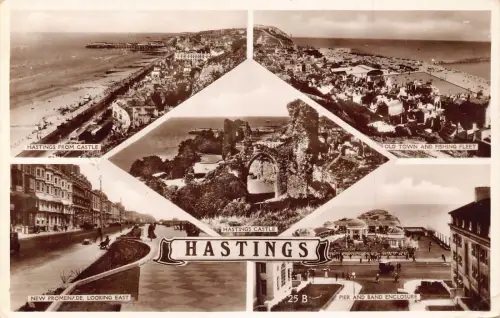 A952 England 1937 Hastings Castle Pier Promenade Altstadt RPPC Vintage Postkarte