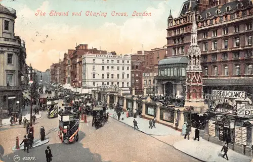 A947 England 1907 London Strand and Charity Cross Doppeldecker Straßenbahn Postkarte