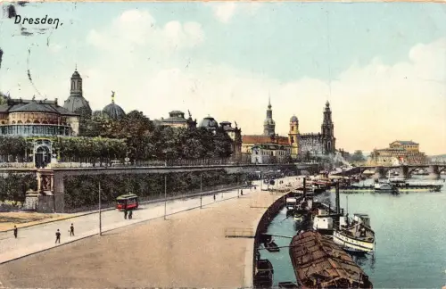 L120 Deutschland 1912 Dresden Dampfschiffe Hafen Straßenbahn Vintage Postkarte