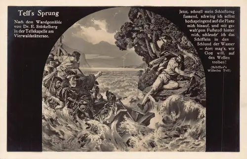 A810 Schweiz Tell's Sprung Schiller Gedicht Kunst Fluss Boot Vintage Postkarte