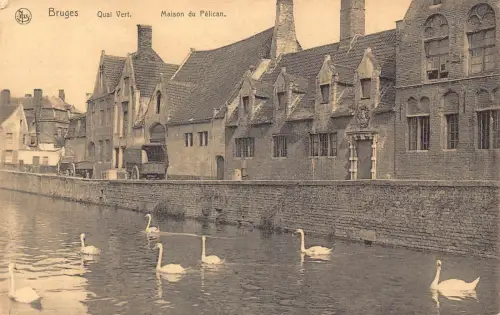 C055 Belgien Brügge Quai Vert Maison du Pelican Vintage Postkarte