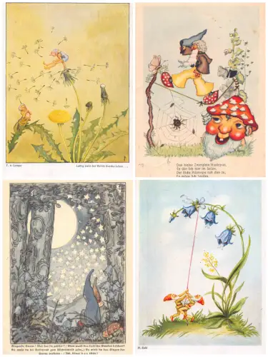 Fantasy World Fairy Dwarf Moonlight Humanized Mushroom lot of 4 postcards B846