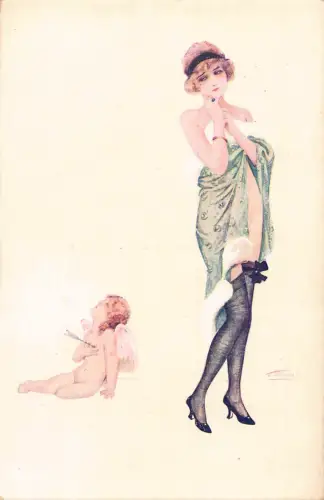 L531 Art Deco Glamour Amors Woche Samstag Akt gewagt von S Meunier Postkarte