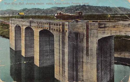 A814 Panamakanal 1934 Westflügelwand Elektrische Maultiere Gatun Schleusen Brücke Postkarte