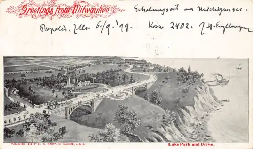 A193 US 1899 Geetings from Milwaukee Lake Park and Drive Vintage Postkarte