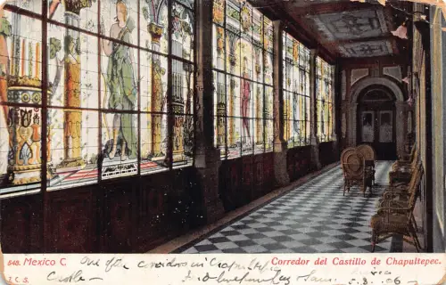 A814 Mexiko Corredor del Castillo de Chapultepec Schlosssaal Vintage Postkarte