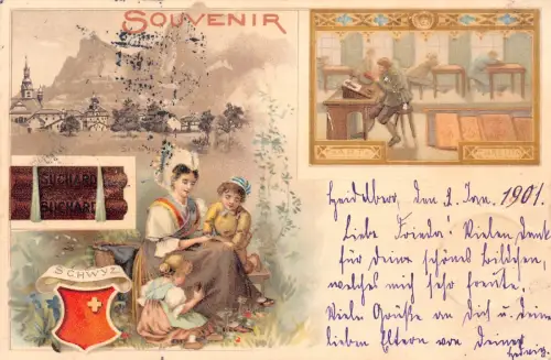 L416 Schweiz Gruss aus Schwyz 1901 Litho Vintage Postkarte