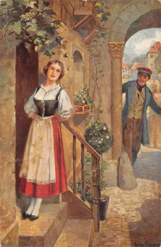 Romanze 1913 Junge starrt Mädchen vor der Haustür an Vintage Postkarte