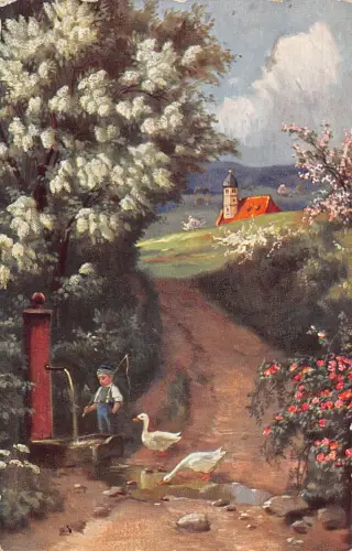 A195 Landschaft 1909 Well Boy Goose Forest Road Vintage Postkarte