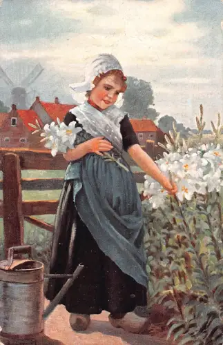 A195 Niederlande 1906 Mädchen Tracht Lilie Holz Schuhe Windmühle Postkarte