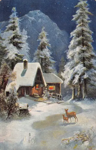 A195 Deutschland 1912 Winterlandschaft Haus Kiefern Hirsch Vintage Postkarte
