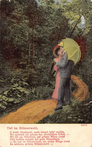 Tief im Böhmerwald Paar im Wald gehender Mann hält Regenschirm Vintage Postkarte