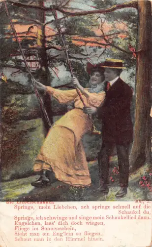 Liebe 1907 Paar Frau auf Schaukel im Wald Gedicht Vintage Postkarte