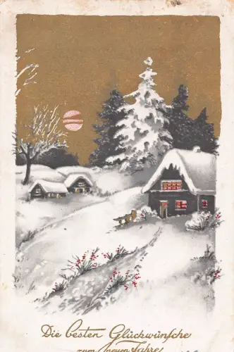 Neujahrsgrüße Mondschein Winterlandschaft Häuser Pinien Vintage Postkarte
