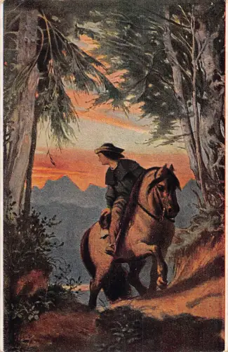 Reiter nimmt Abschied Sonnenuntergang Wald Kunst signierte FA Ackermann Vintage Postkarte