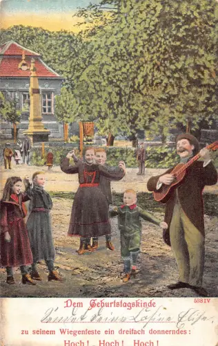 Geburtstagsgrüße Mann spielt Gitarre Kinder tanzen Vintage Postkarte