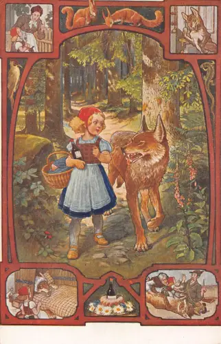 B084 Märchenfantasie Rotkäppchen Wolf Szenen Eichhörnchen Postkarte