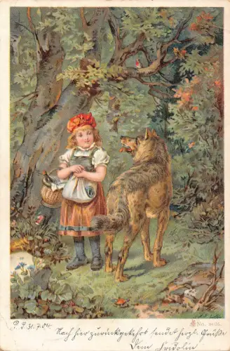 B084 Märchenfantasie 1904 Rotkäppchenwolf im Wald Postkarte