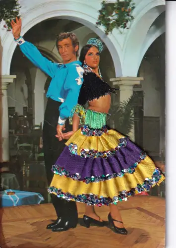 B081 Neuheit Glitzermaterial genähtes Kleid spanische Tänzer ethnische Postkarte