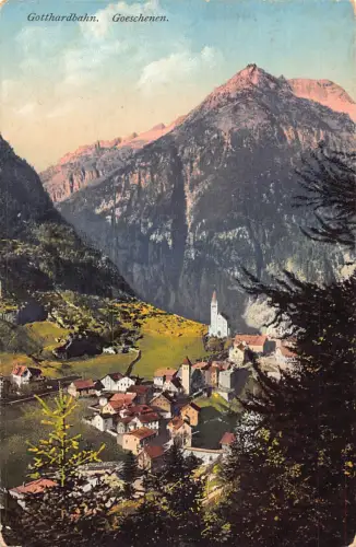 A197 Schweiz Gotthardbahn Goeschenen Berg Klippen Dorf Postkarte