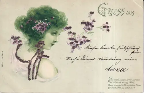 B087 Gruss aus Grüße Neuheit Glitzer Glamour Schönheit Blumen 1901 Postkarte