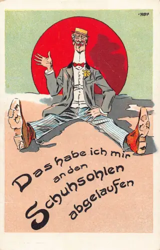 B088 Comic Humor Mann mit Löchern in Schuhen Sonne Rauchen Zigarette Postkarte