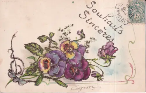 B082 Neuheit 1906 Aufrichtige Wünsche Stiefmütterchen Jugendstil Glitzer Vintage Postkarte